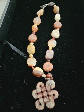 Vintage Chinese Mystic Knot  Carved Stone Pendant Longevity Necklace -